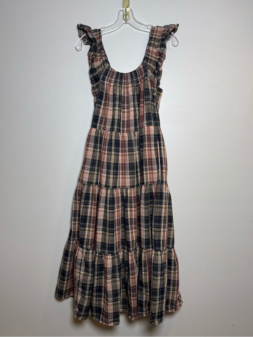 Boho Chic Prairie Tiered Smocked Bodice Plaid Flowy Midi Dress by Madewell